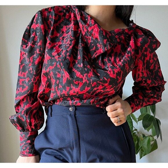 vtg 80s long sleeve satiny blouse red black glam classic maximalist style large - Picture 6 of 9